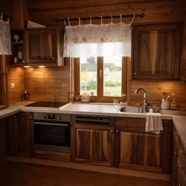 Moderne Küche mit Holzschränken, Spüle und Herd in einem rustikalen Design.