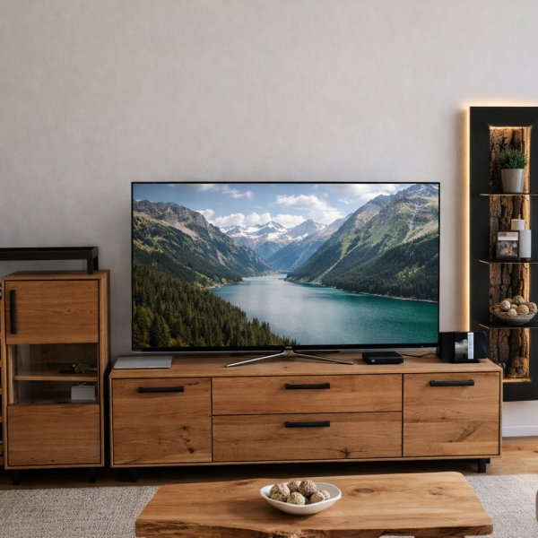 Massives Eichen-Wohnzimmer-Set – Weinregal, TV-Lowboard und Wandregale mit natürlicher Rinde