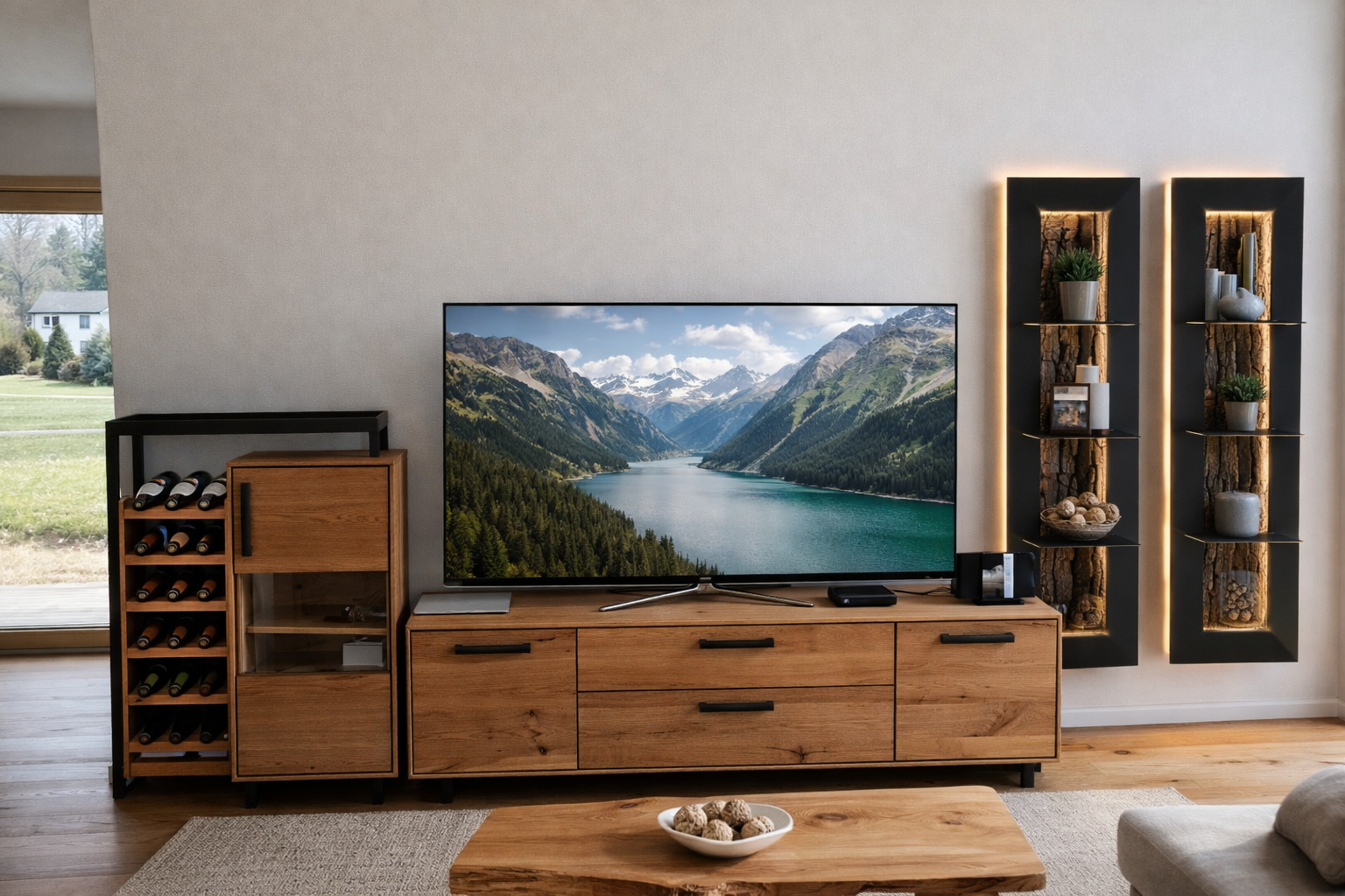 Massives Eichen-Wohnzimmer-Set – Weinregal, TV-Lowboard und Wandregale mit natürlicher Rinde