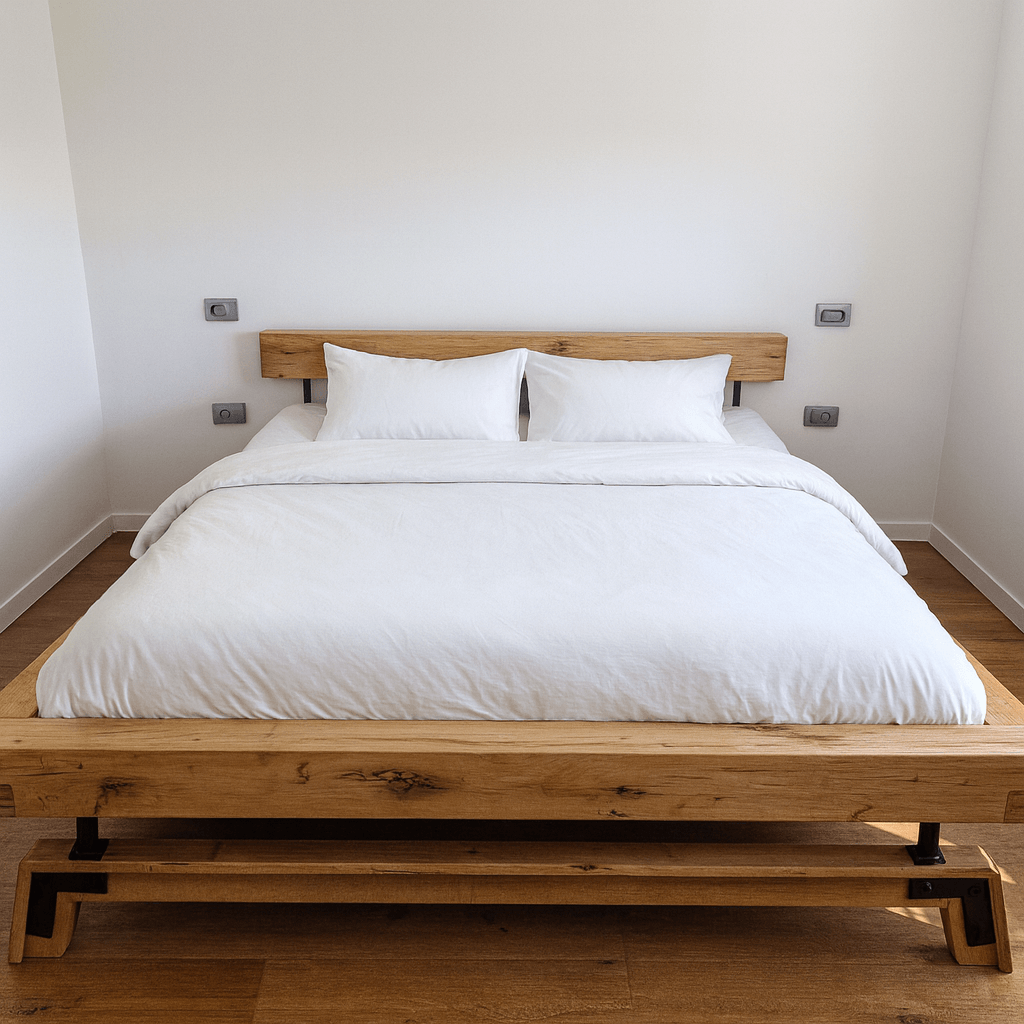 Ein schlichtes Bett aus massivem Holz mit weißer Bettwäsche und zwei Kissen.