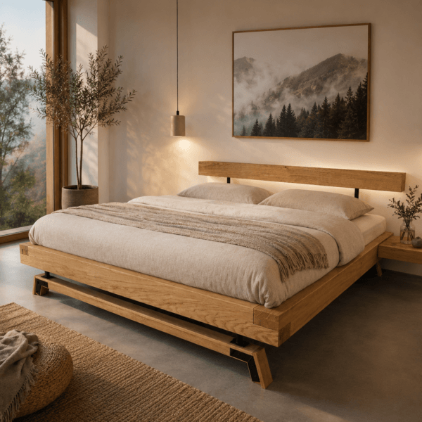 🔥 NEUES MODELL – Massivholzbett aus Eichenbalken mit Metalluntergestell | Moderner Rustik-Stil