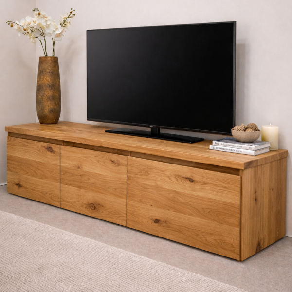 TV-Lowboard aus massivem Eichenholz – Rustikal Natur  Maße: 180 × 60 × 60 cm