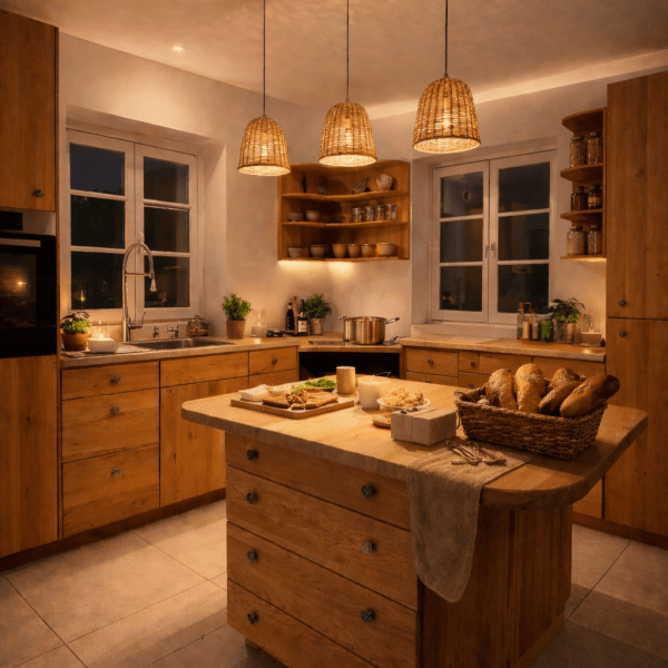 Kücheninsel aus Holz mit Schubladen und einem Korb mit Brot in einer modernen Küche mit Holzregalen.