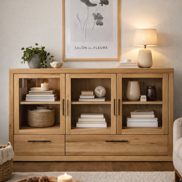 Exklusive Eichenkommode mit Glastüren und Carbongriffen