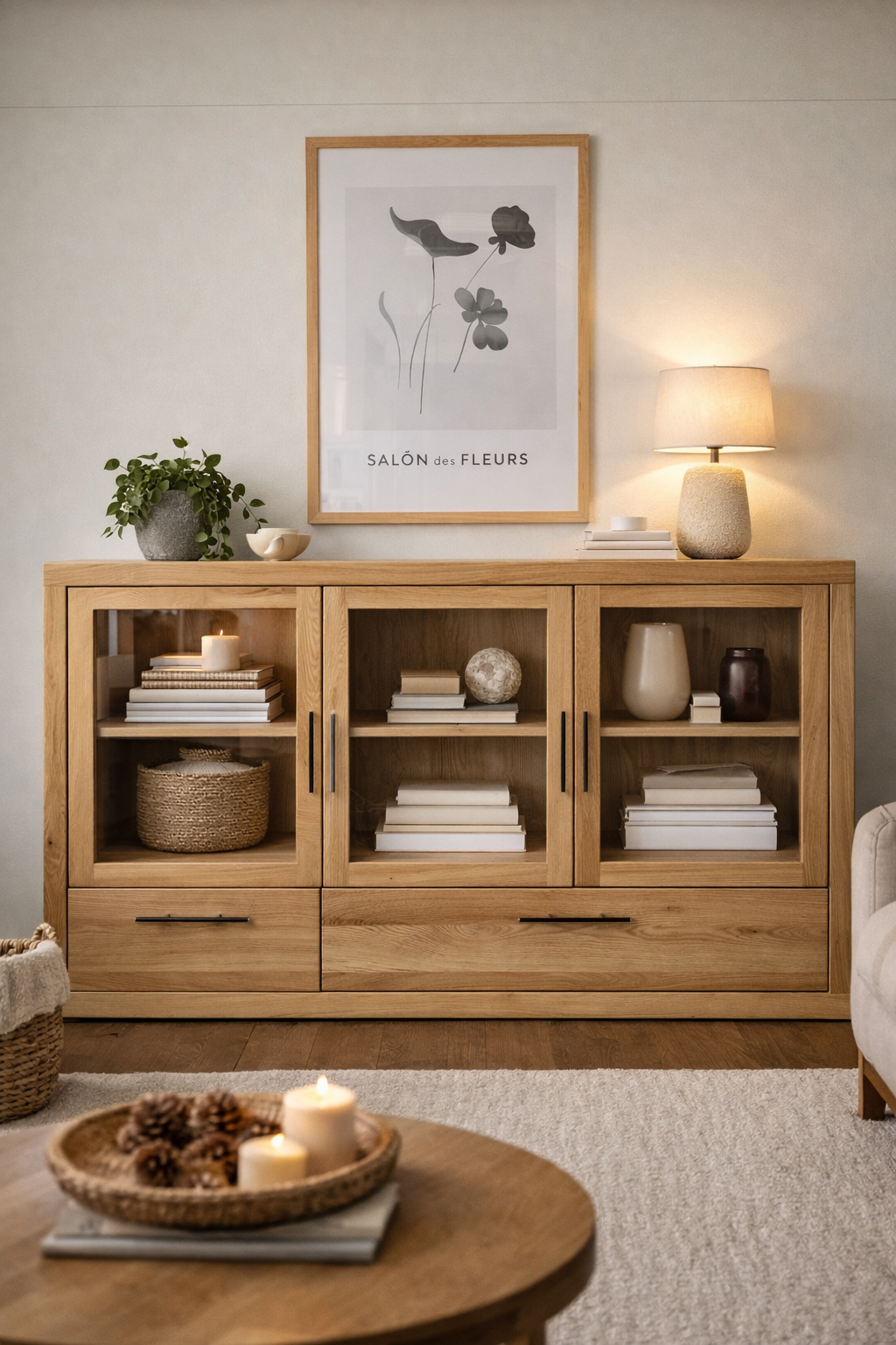 Exklusive Eichenkommode mit Glastüren und Carbongriffen