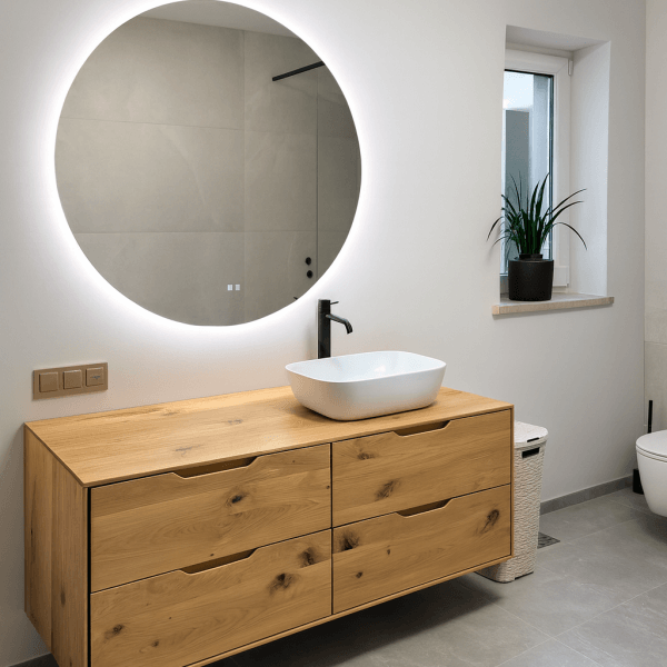 Holzwaschtisch mit runder Spiegelleuchte und Waschbecken im modernen Badezimmer.