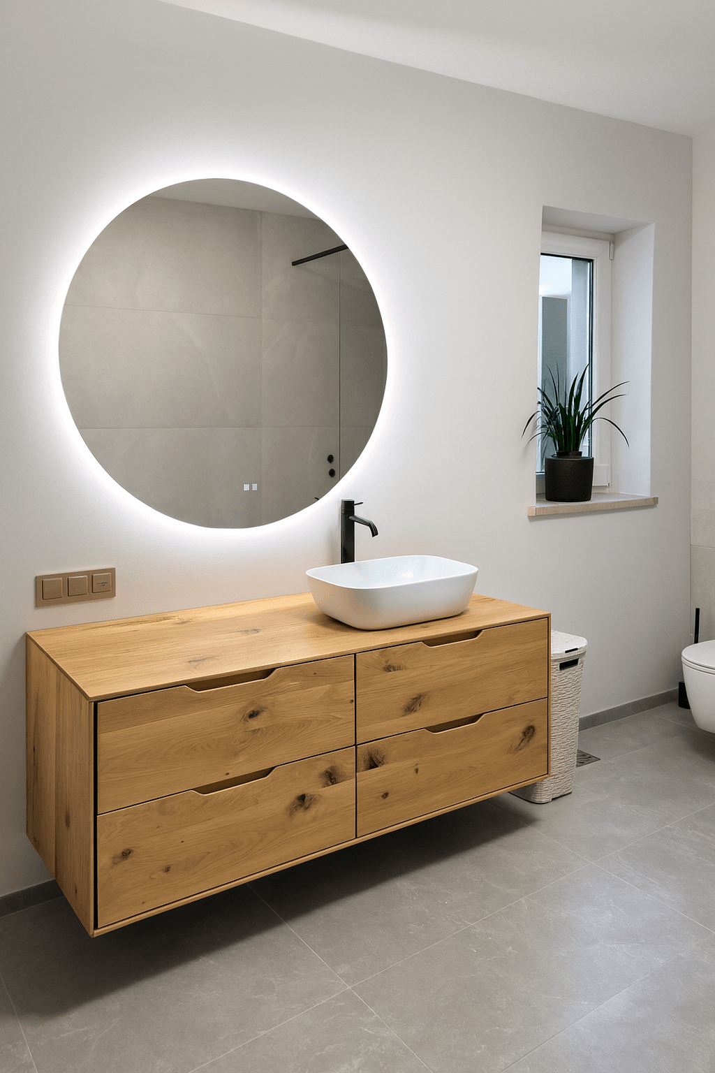 Holzwaschtisch mit runder Spiegelleuchte und Waschbecken im modernen Badezimmer.