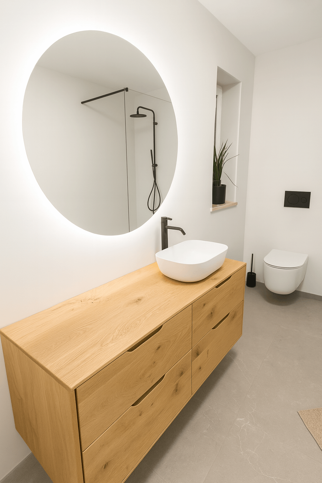 Holzwaschtisch mit runder Spiegelleuchte und moderner Waschschüssel im Badezimmer.