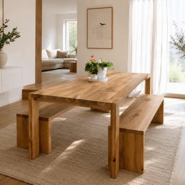 SAGA – Esstisch aus massiver Eiche mit zwei Bänken – 240 × 100 cm