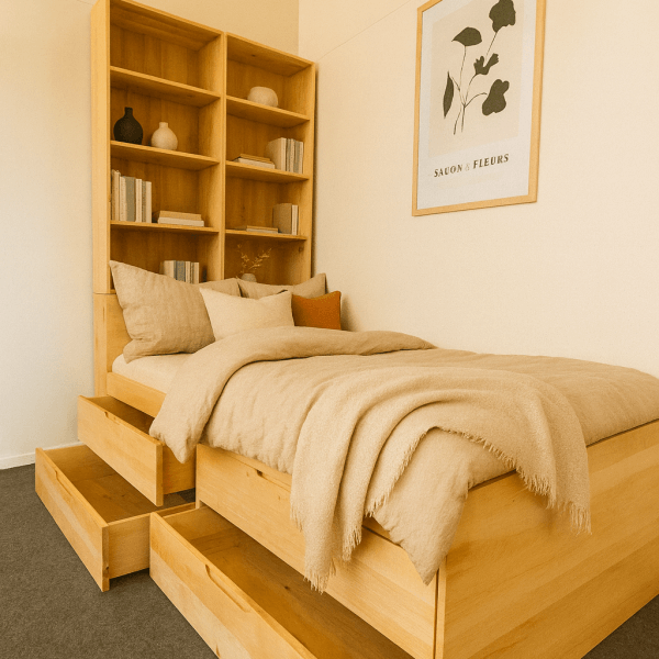 Bett mit maximalem Stauraum und der Wärme von massivem Holz