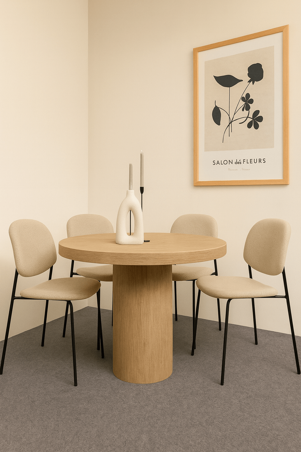 Runder Holztisch mit fünf gepolsterten Stühlen in einem minimalistischen Raum.