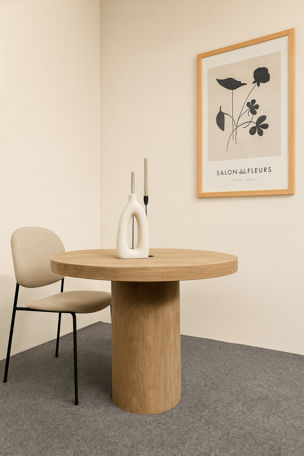 Runder Holztisch mit einer modernen Vase und Kerzenhaltern auf einer grauen Teppichfläche.
