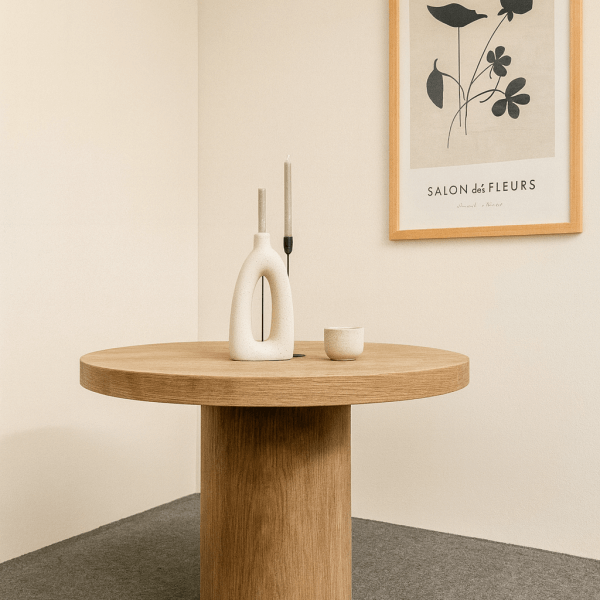 Runder Holztisch mit einer weißen Vase und einer Tasse auf der Oberfläche, vor einem Kunstwerk an der Wand.