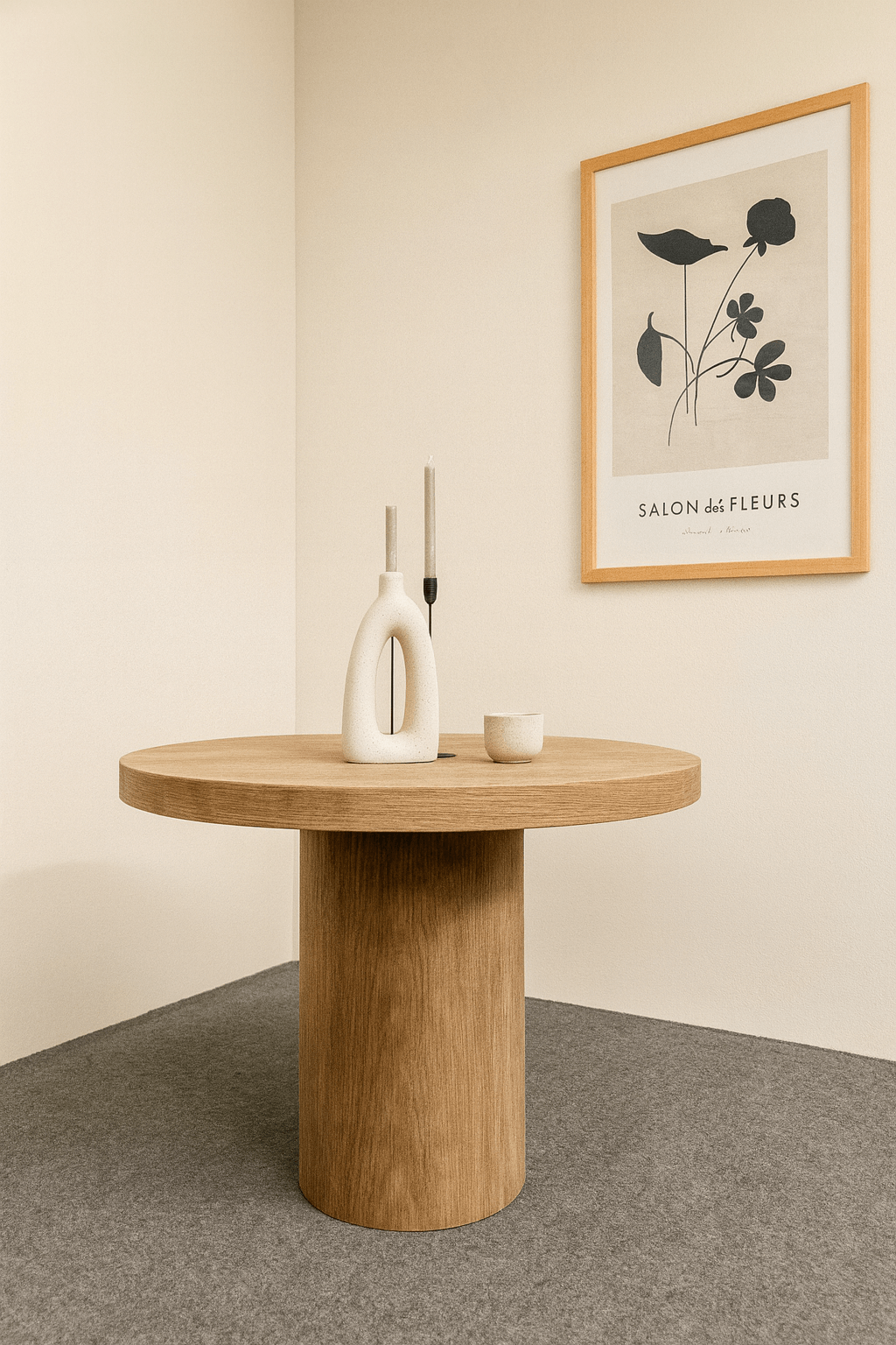 Runder Holztisch mit einer weißen Vase und einer Tasse auf der Oberfläche, vor einem Kunstwerk an der Wand.