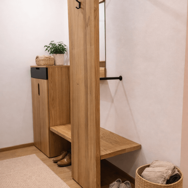 Holz-Garderobe mit Spiegel, Haken und Schuhablage in einem modernen Eingangsbereich.