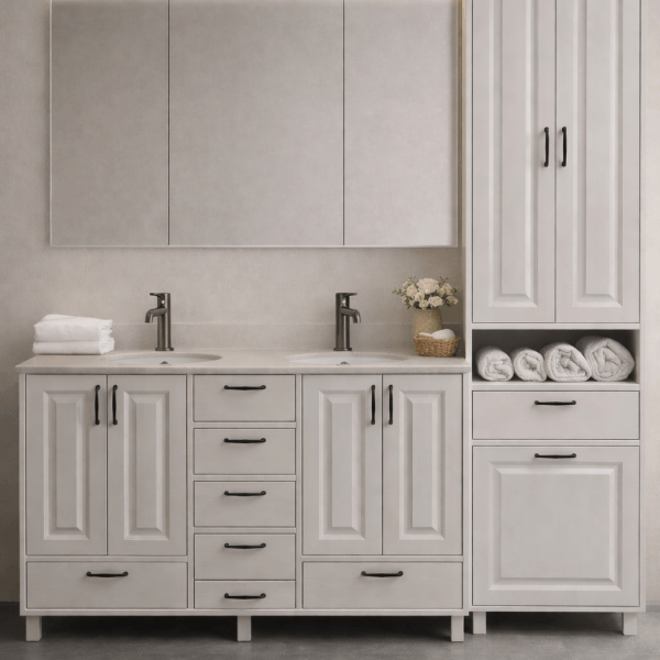 Badezimmermöbel aus massivem Eschenholz – weiß geölt, maßgefertigt