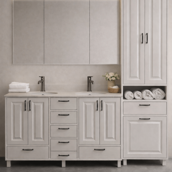 Badezimmermöbel aus massivem Eschenholz – weiß geölt, maßgefertigt