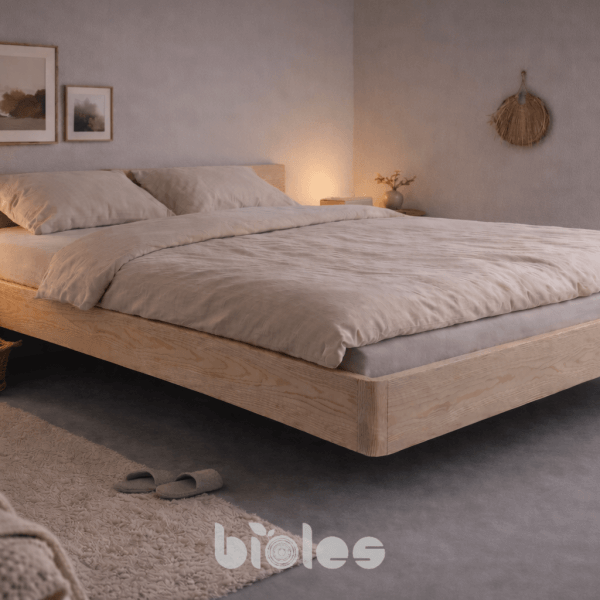 Schwebendes Bett aus gebleichter massiver Esche