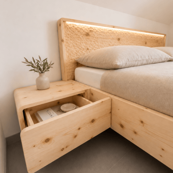 Dolly – Schwebebett aus massivem Zirbenholz mit handbearbeitetem Kopfteil