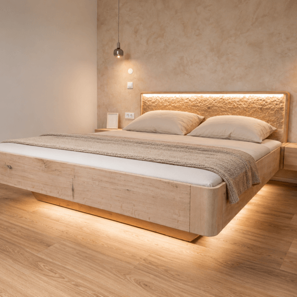 Dolly – schwebendes Bett aus massivem Erlenholz mit handbearbeitetem Kopfteil