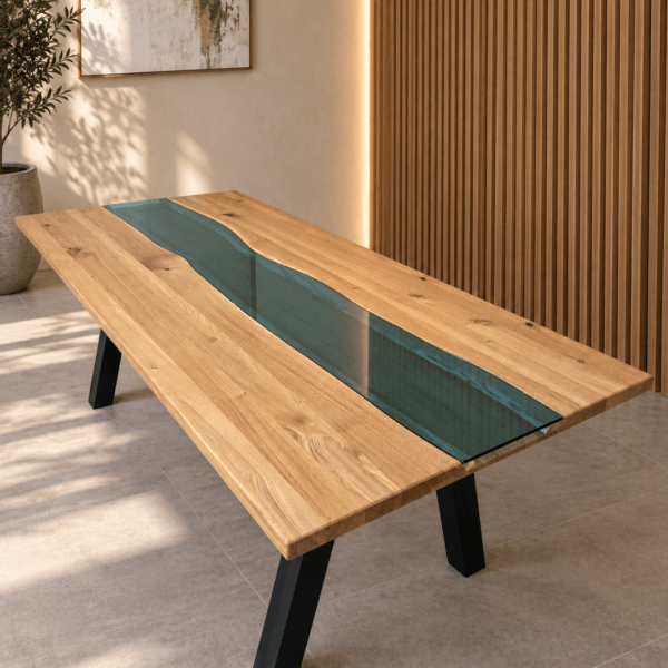 DELUXE GLASS – Massivholztisch mit Sicherheitsglas